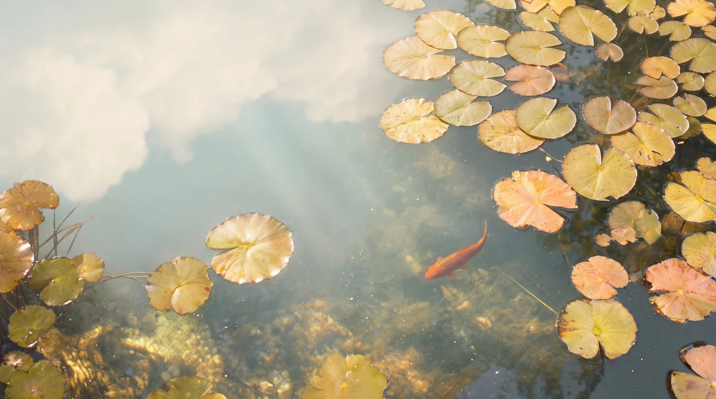 A single orange koi among lily pads, with clouds reflected in the pond