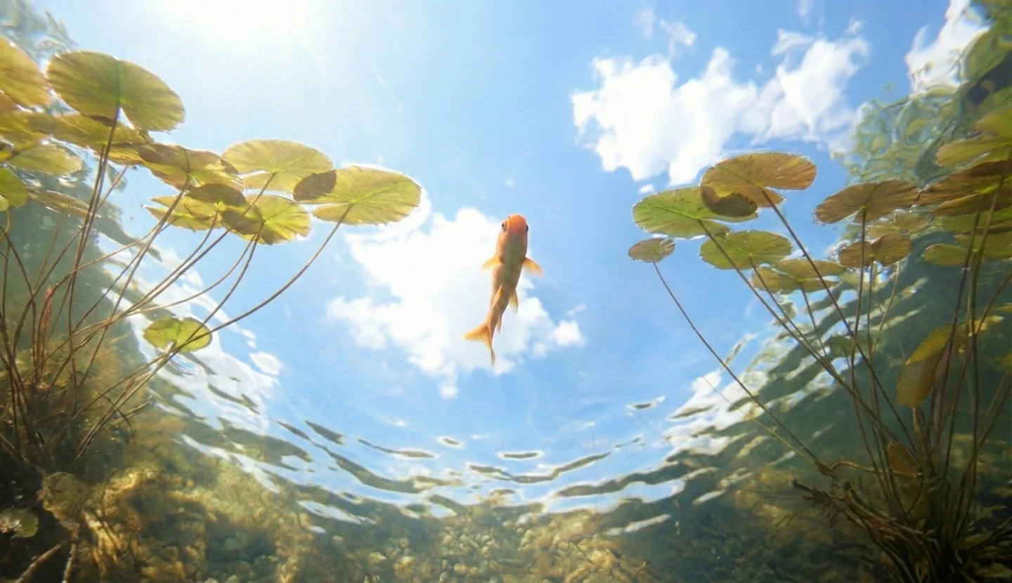 A koi seen from under the water, swimming up toward a bright sky between lily pads
