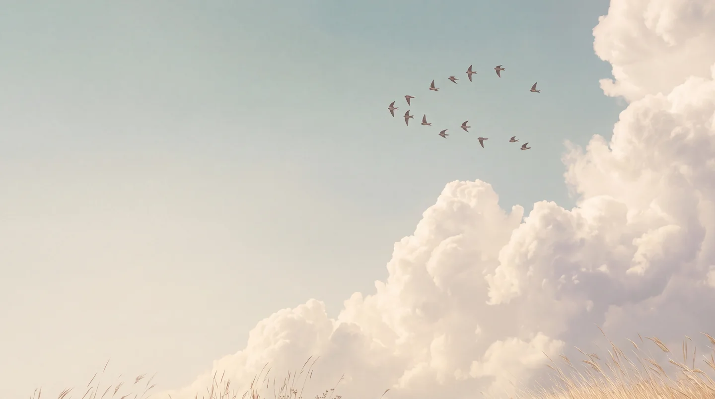 A loose flock of swallows wheeling together across a pale sky above tall summer clouds